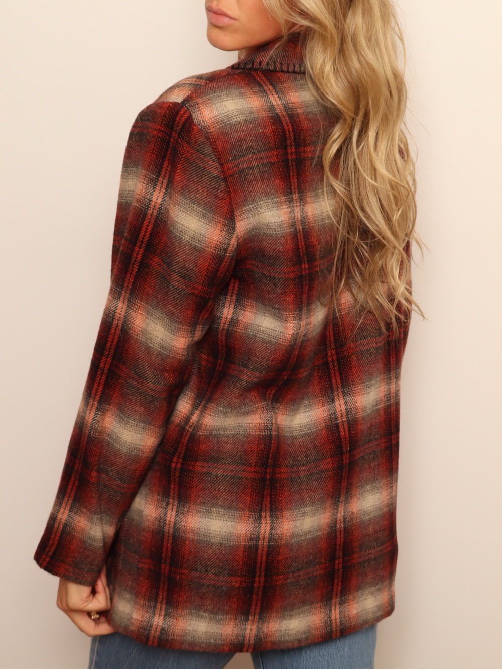 Vintage Plaid Wool Blend Blazer Jacket Shacket Rust Cream - Picture 4 of 4